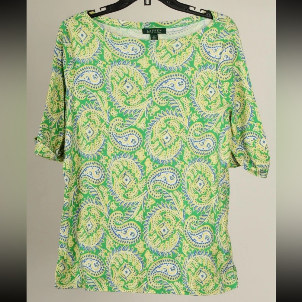 Lauren Ralph Lauren Short Women’s 1X Green Yellow Paisley Short Sleeve Pullover